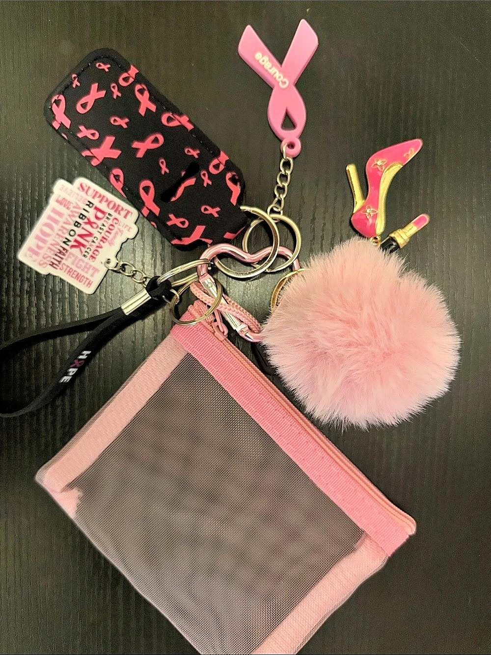 Breast Cancer Awareness Courage Pink & Black Keychain Wristlet Pouch